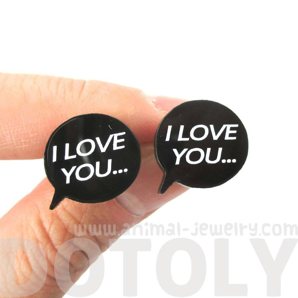 I Love You Speech Bubble Shaped Laser Cut Stud Earrings in Black | DOTOLY