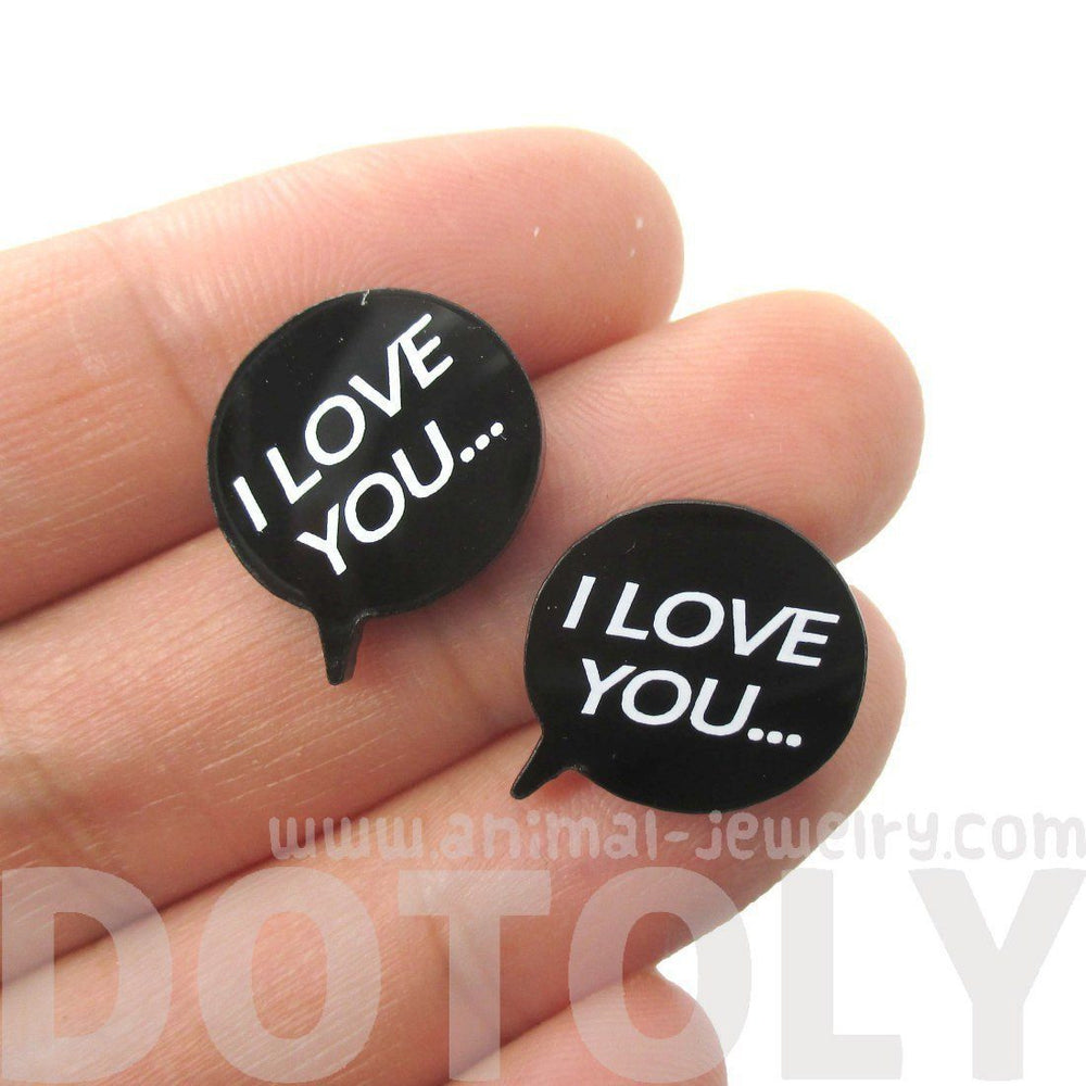 I Love You Speech Bubble Shaped Laser Cut Stud Earrings in Black | DOTOLY