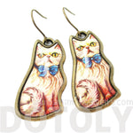 Illustrated Fancy Kitty Cat Animal Dangle Earrings in White with Blue Bow | DOTOLY | DOTOLY