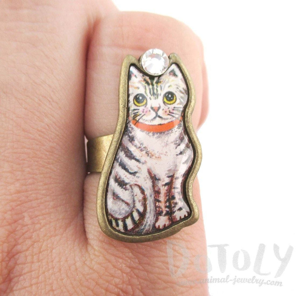 Illustrated Grey and White Tabby Kitty Cat Adjustable Ring | DOTOLY | DOTOLY