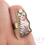 Illustrated Grey and White Tabby Kitty Cat Adjustable Ring | DOTOLY | DOTOLY