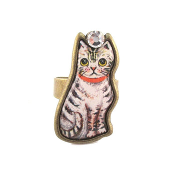 Illustrated Grey and White Tabby Kitty Cat Adjustable Ring | DOTOLY | DOTOLY