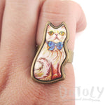 Illustrated Kitty Cat Shaped Adjustable Ring in White with Blue Bow | DOTOLY | DOTOLY