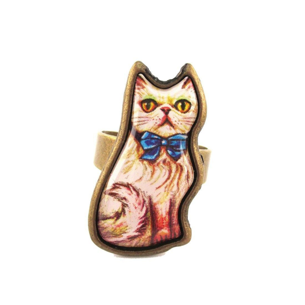 Illustrated Kitty Cat Shaped Adjustable Ring in White with Blue Bow | DOTOLY | DOTOLY