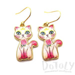 Illustrated White Kitty Cat with Roses Shaped Dangle Earrings | DOTOLY | DOTOLY