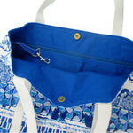 Blue Floral Mosaic Print Large Carry All Canvas Market Shopper Tote Bag