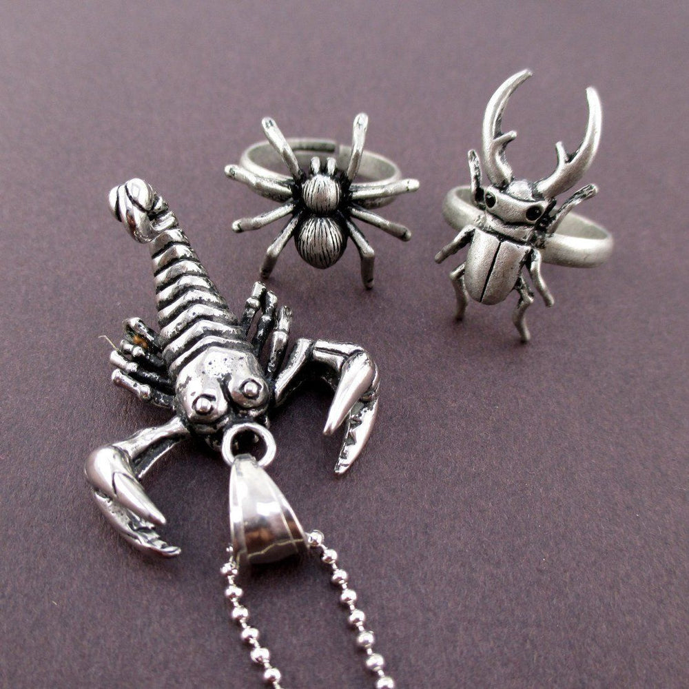 Insect Themed Spider and Stag Beetle Ring and Scorpion Necklace Set