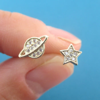 Intergalactic Space Themed Planet Saturn and Star Shaped Stud Earrings