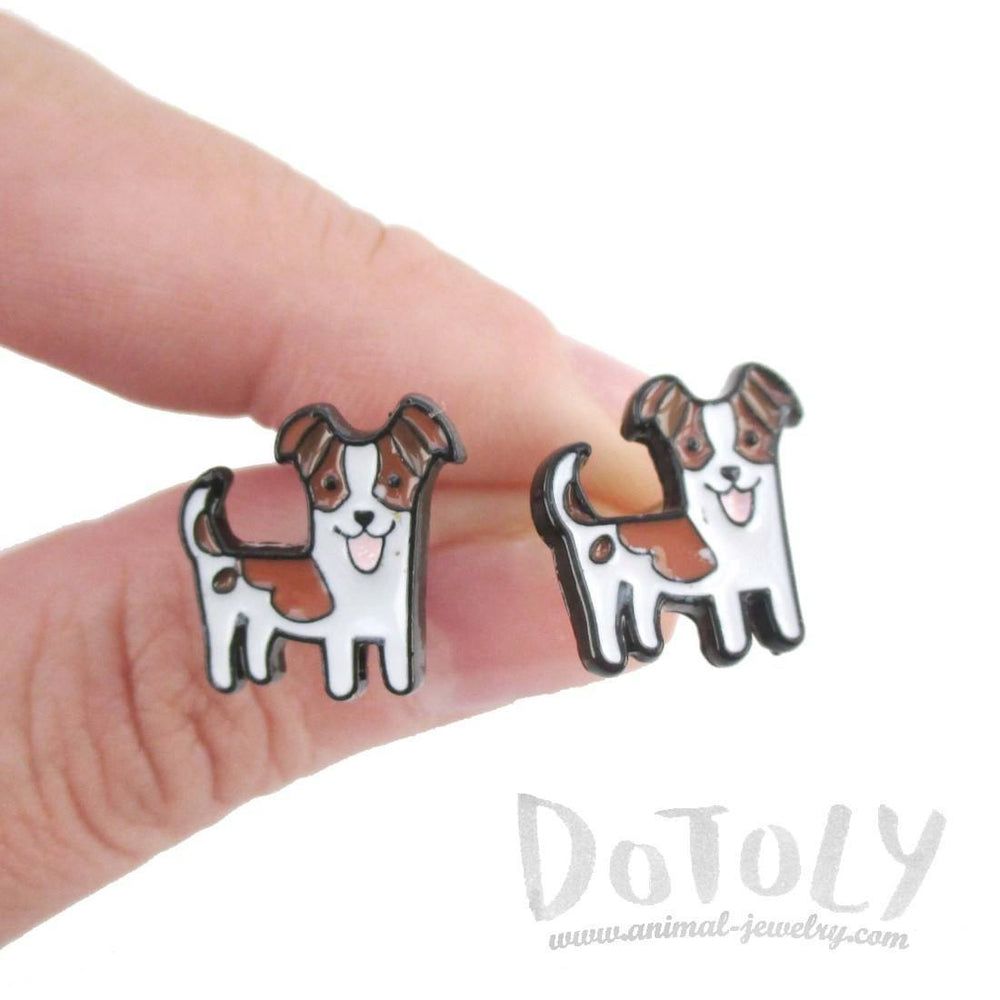 Jack Russell Puppy Shaped Enamel Stud Earrings for Dog Lovers | DOTOLY