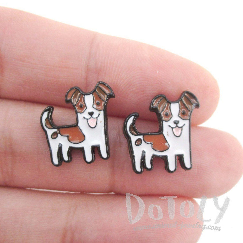 Jack Russell Puppy Shaped Enamel Stud Earrings for Dog Lovers | DOTOLY