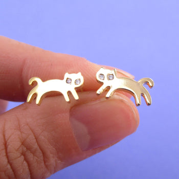 Jumping Kittens Cat Shaped Allergy Free Stud Earrings in Gold | DOTOLY