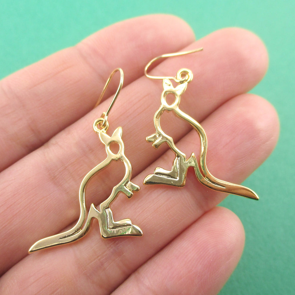 Kangaroo Wallaby Outline Shaped Dangle Drop Earrings in Gold