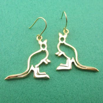 Kangaroo Wallaby Outline Shaped Dangle Drop Earrings in Gold