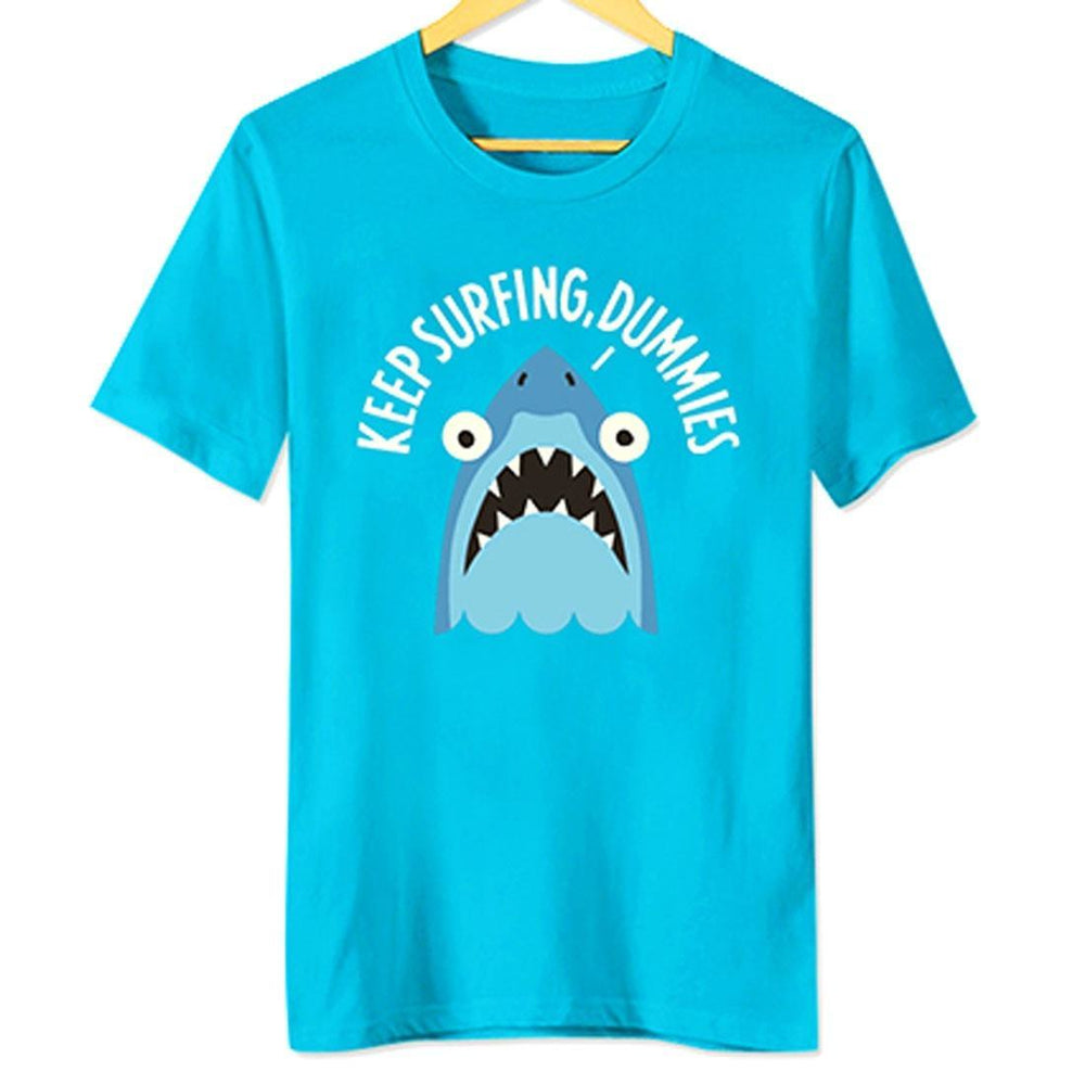 Keep Surfing Dummies Adorable Shark Print Cotton Graphic Tee in Blue | DOTOLY | DOTOLY