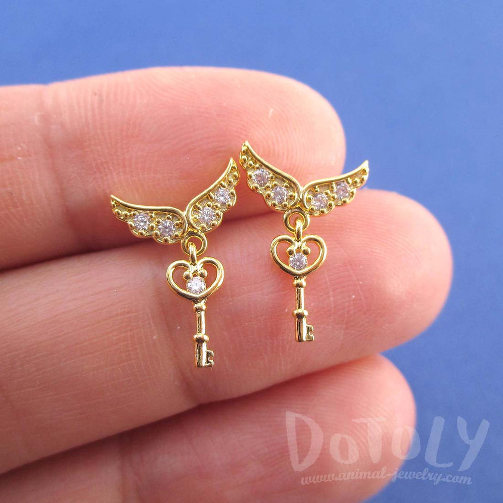 Key to My Heart Angel Feather Wings Shaped Stud Earrings in Gold