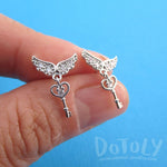 Key to My Heart Angel Feather Wings Shaped Stud Earrings in Silver