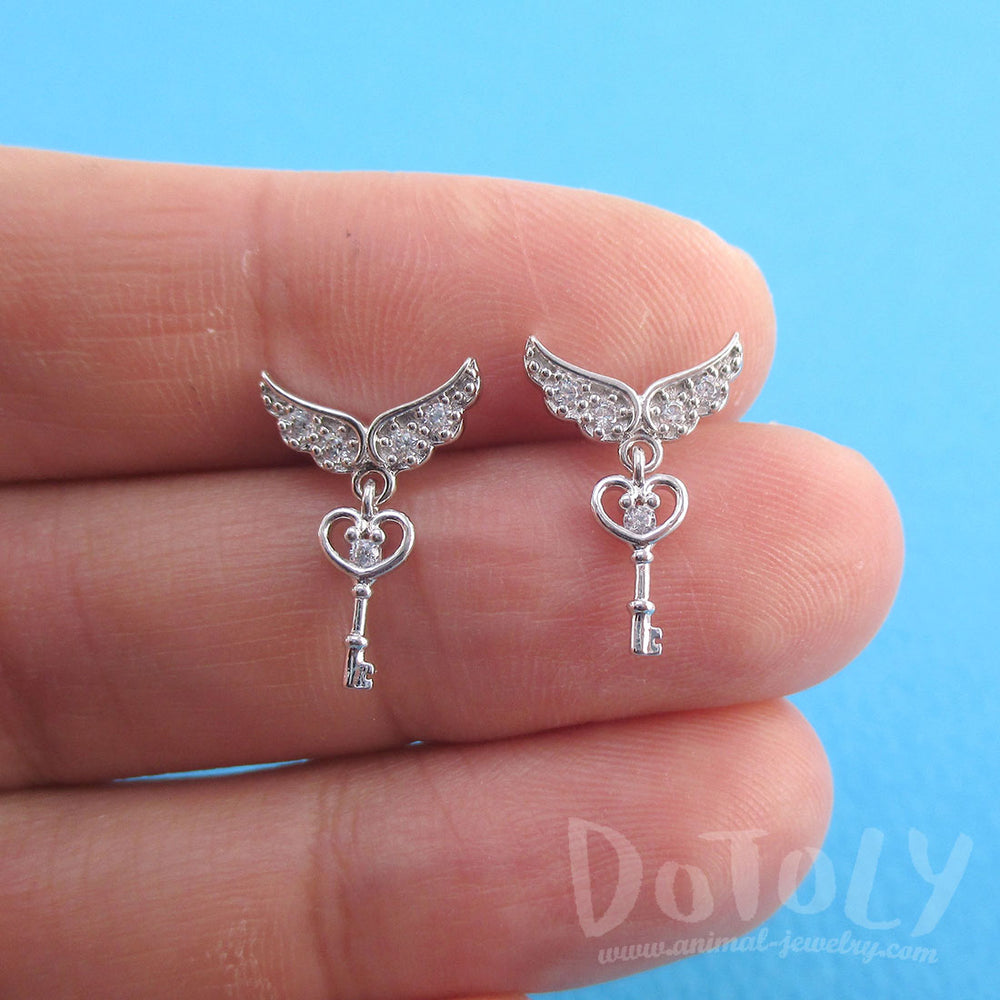 Key to My Heart Angel Feather Wings Shaped Stud Earrings in Silver