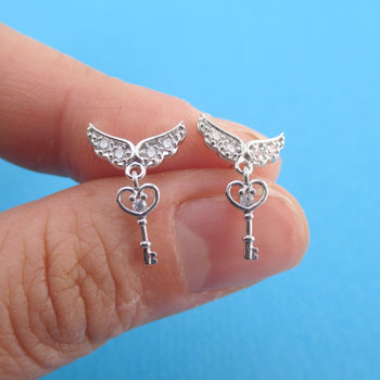 Key to My Heart Angel Feather Wings Shaped Stud Earrings in Silver