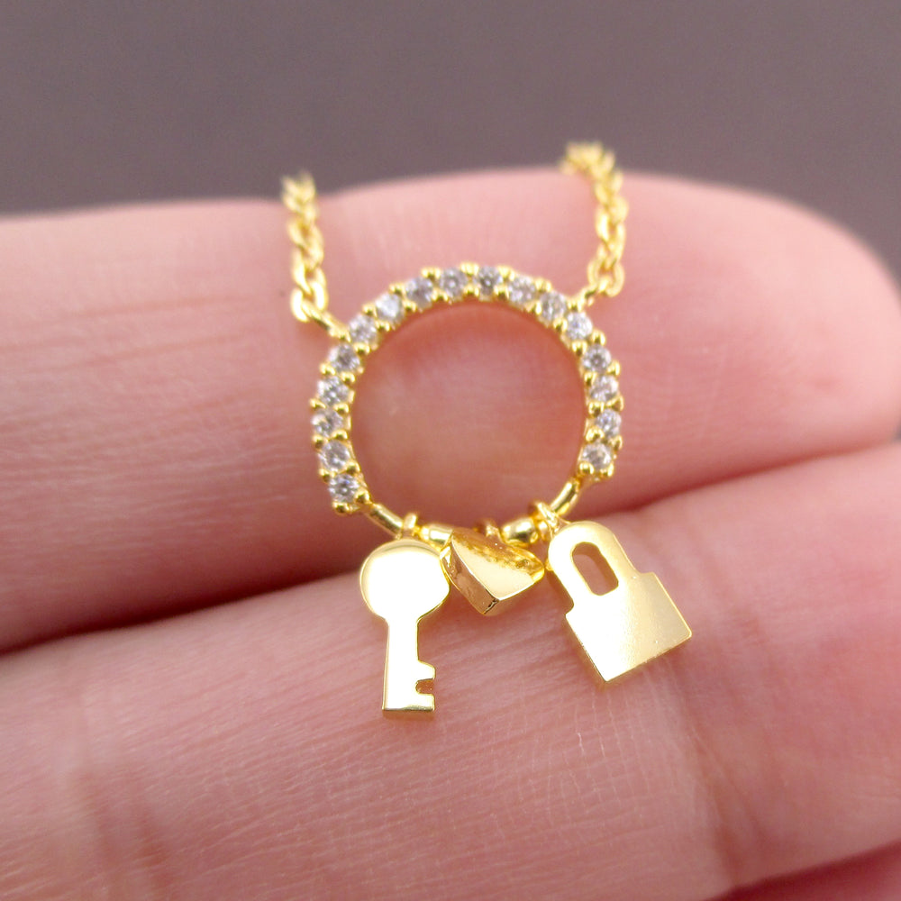 Key To My Heart Lock and Key Charms on Round Pendant Necklace in Gold