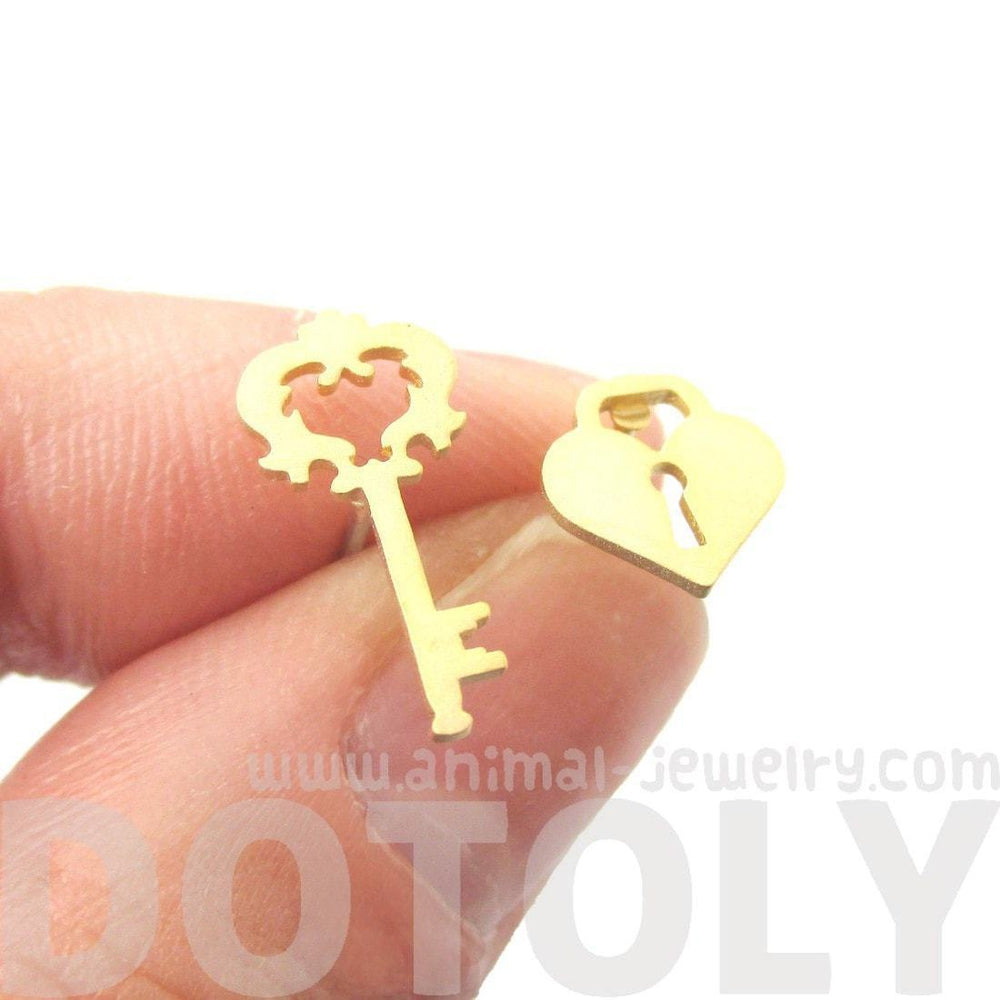 Key To My Heart Skeleton Key and Heart Shaped Lock Stud Earrings in Gold | DOTOLY | DOTOLY