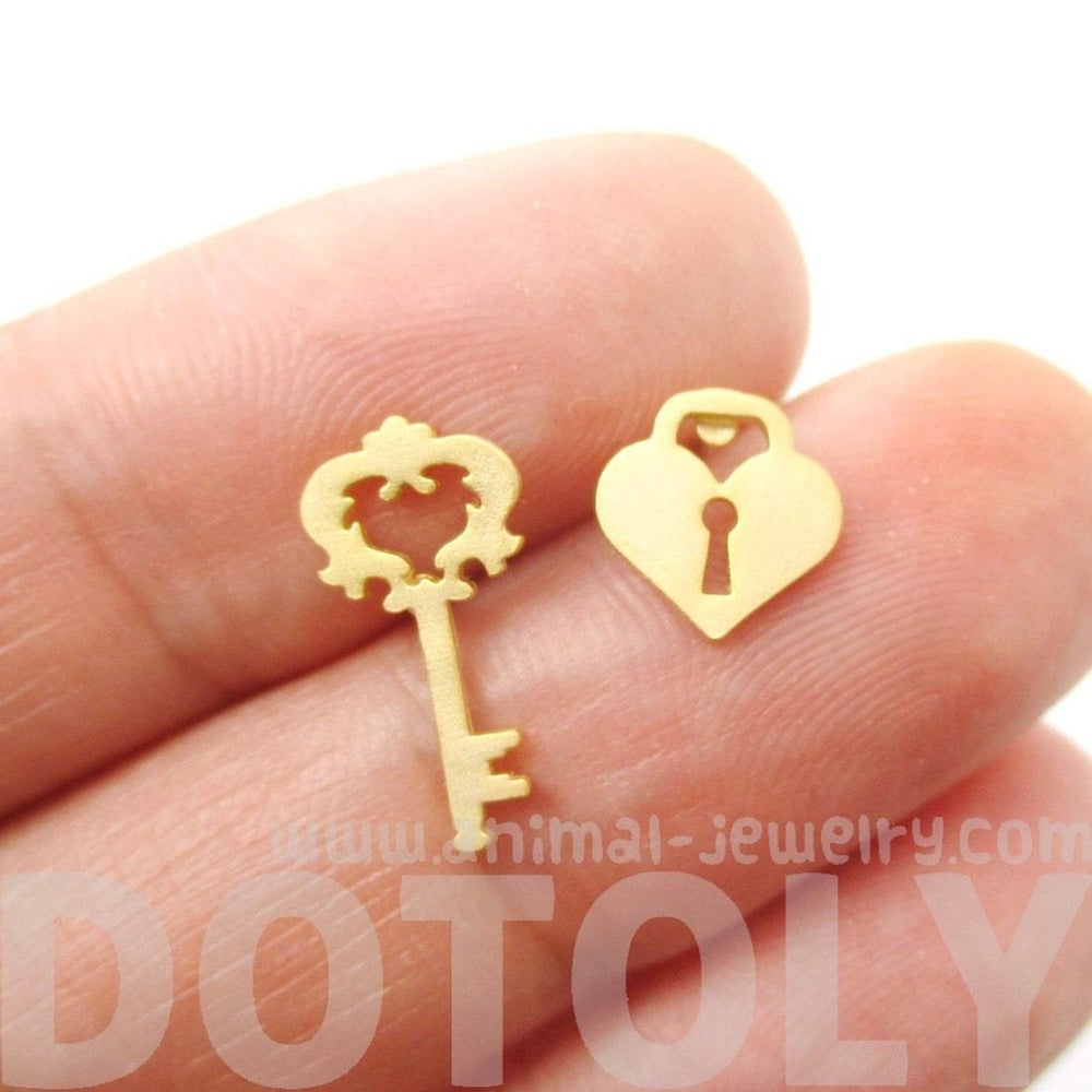 Key To My Heart Skeleton Key and Heart Shaped Lock Stud Earrings in Gold | DOTOLY | DOTOLY