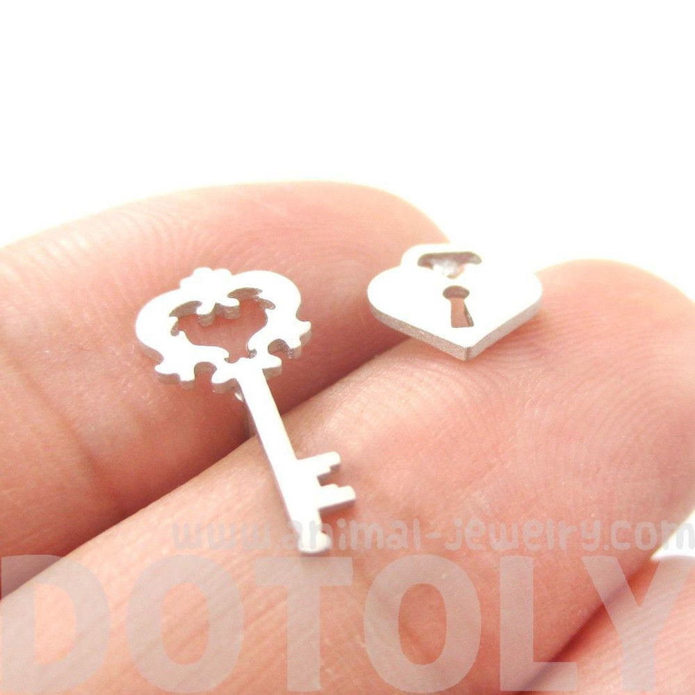 Lock and Key Earrings-Rhodium Plated over sterling Silver Earwires - Earring  Posts ( 1 pair).