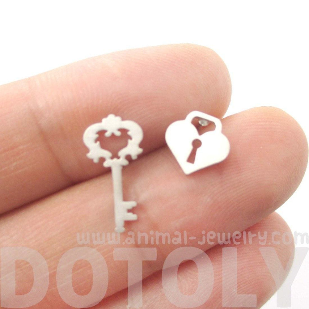 Key To My Heart Skeleton Key and Heart Shaped Lock Stud Earrings in Silver | DOTOLY | DOTOLY