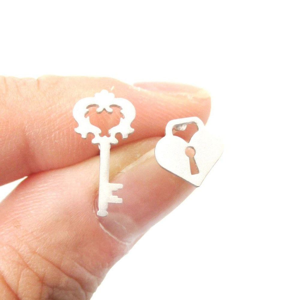 Key To My Heart Skeleton Key and Heart Shaped Lock Stud Earrings in Silver | DOTOLY | DOTOLY