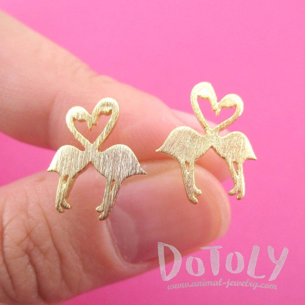 Kissing Flamingos Love Birds Silhouette Shaped Stud Earrings in Gold