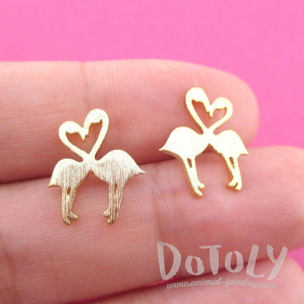 Kissing Flamingos Love Birds Silhouette Shaped Stud Earrings in Gold