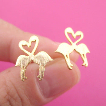 Kissing Flamingos Love Birds Silhouette Shaped Stud Earrings in Gold