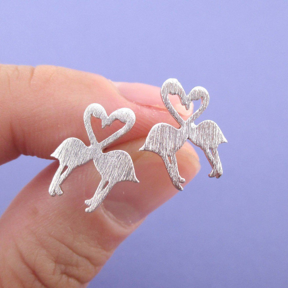 Kissing Flamingos Love Birds Silhouette Shaped Stud Earrings in Silver