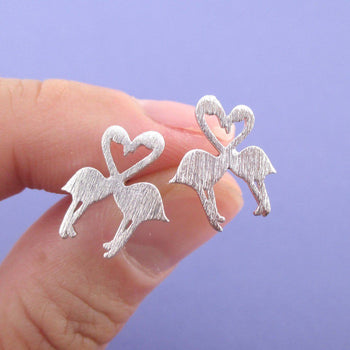 Kissing Flamingos Love Birds Silhouette Shaped Stud Earrings in Silver