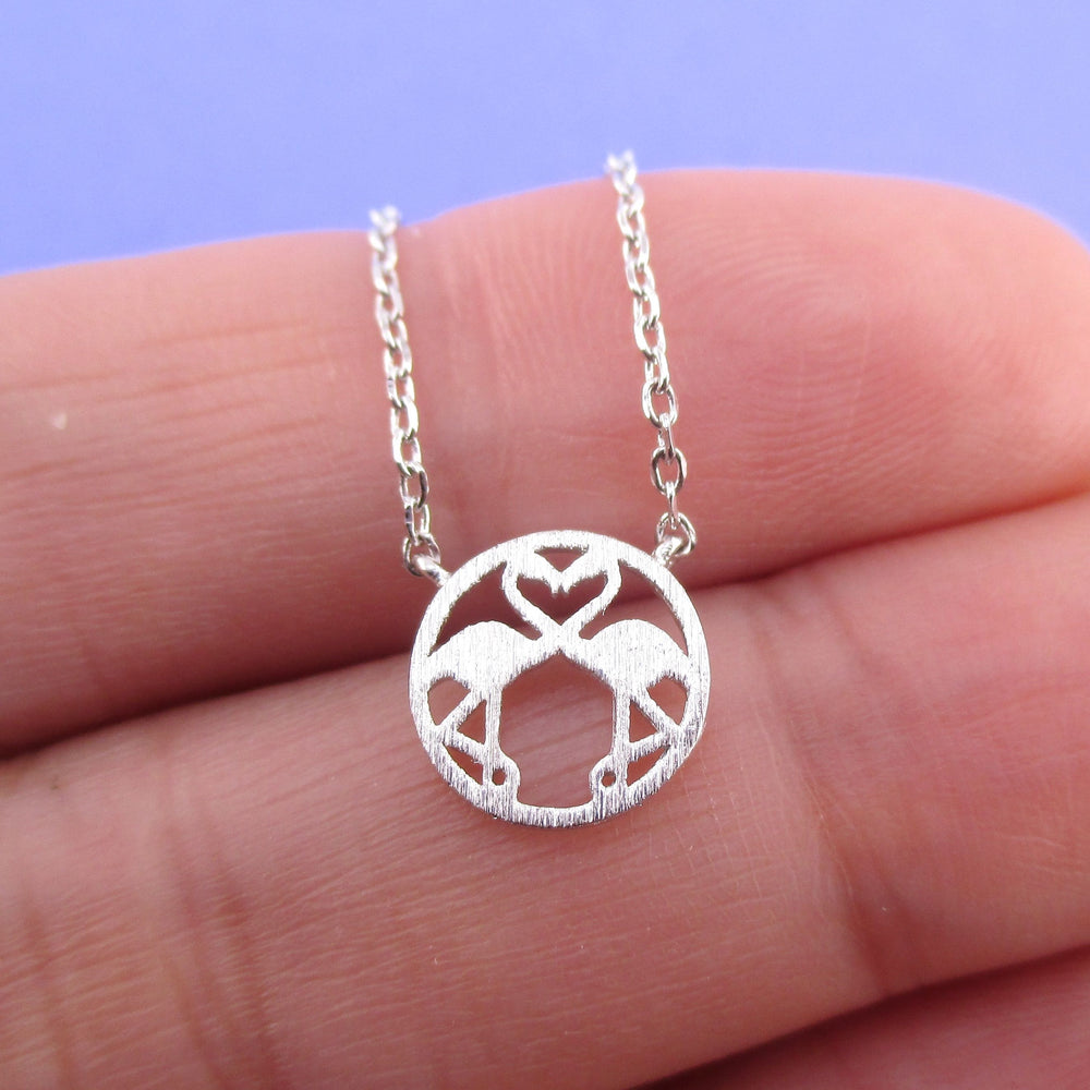 Kissing Flamingos Shaped Tiny Round Pendant Necklace | DOTOLY