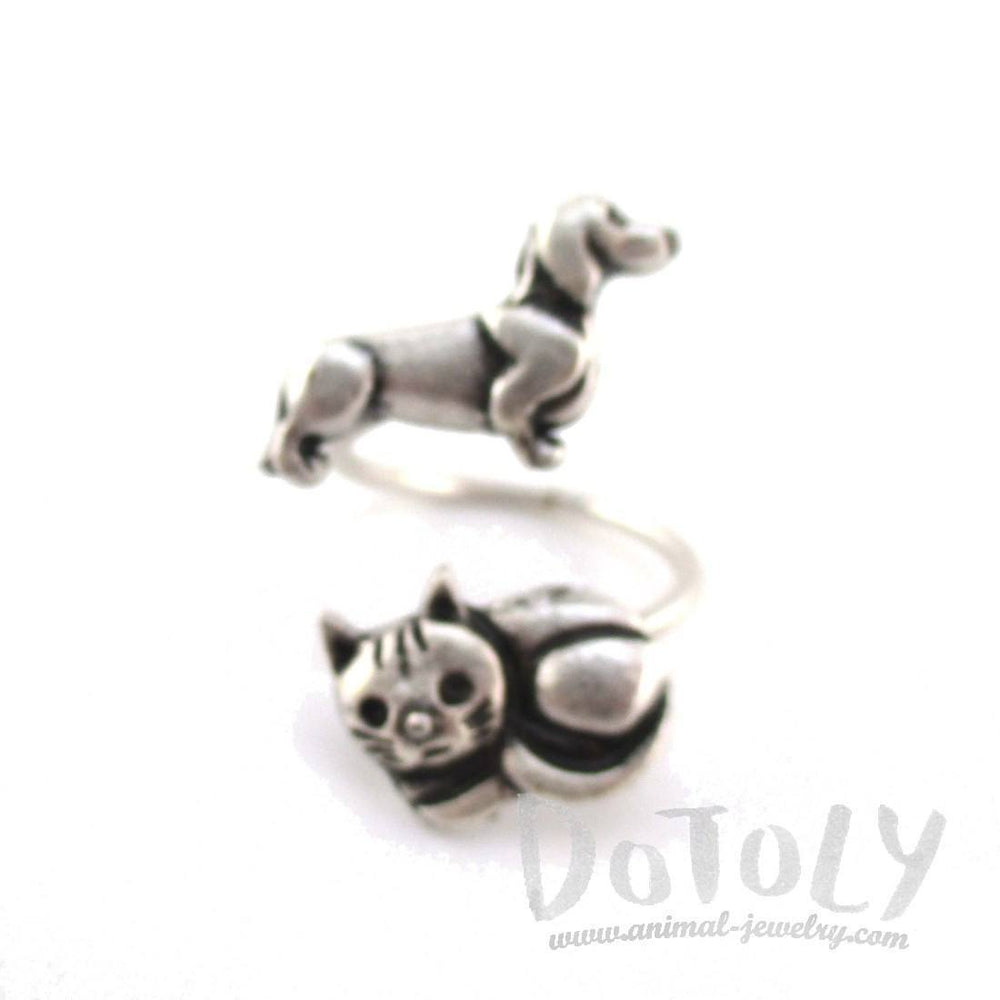Kitty Cat and Dachshund Puppy Adjustable Wire Wrap Ring | DOTOLY