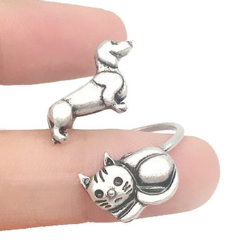 Kitty Cat and Dachshund Puppy Adjustable Wire Wrap Ring | DOTOLY
