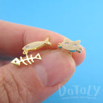 Kitty Cat and Fish Bone Shaped Stud Earrings in Gold | DOTOLY