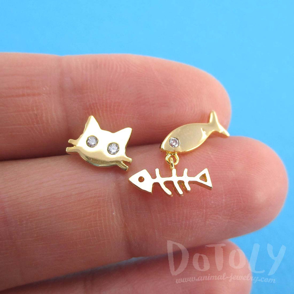 Kitty Cat and Fish Bone Shaped Stud Earrings in Gold | DOTOLY