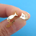 Kitty Cat and Fish Bone Shaped Stud Earrings in Gold | DOTOLY