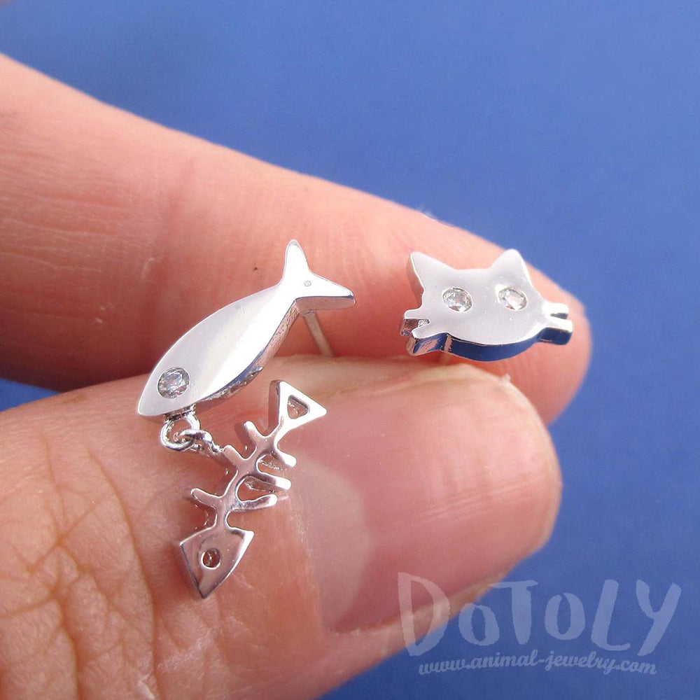 Kitty Cat and Fish Bone Shaped Stud Earrings in Silver | DOTOLY