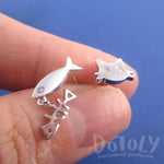 Kitty Cat and Fish Bone Shaped Stud Earrings in Silver | DOTOLY