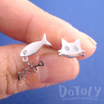Kitty Cat and Fish Bone Shaped Stud Earrings in Silver | DOTOLY