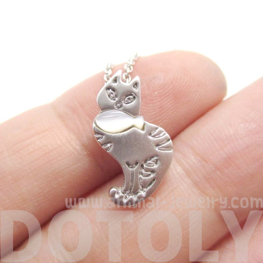 Kitty Cat and Fish Shaped Animal Themed Pendant Necklace in Silver | DOTOLY