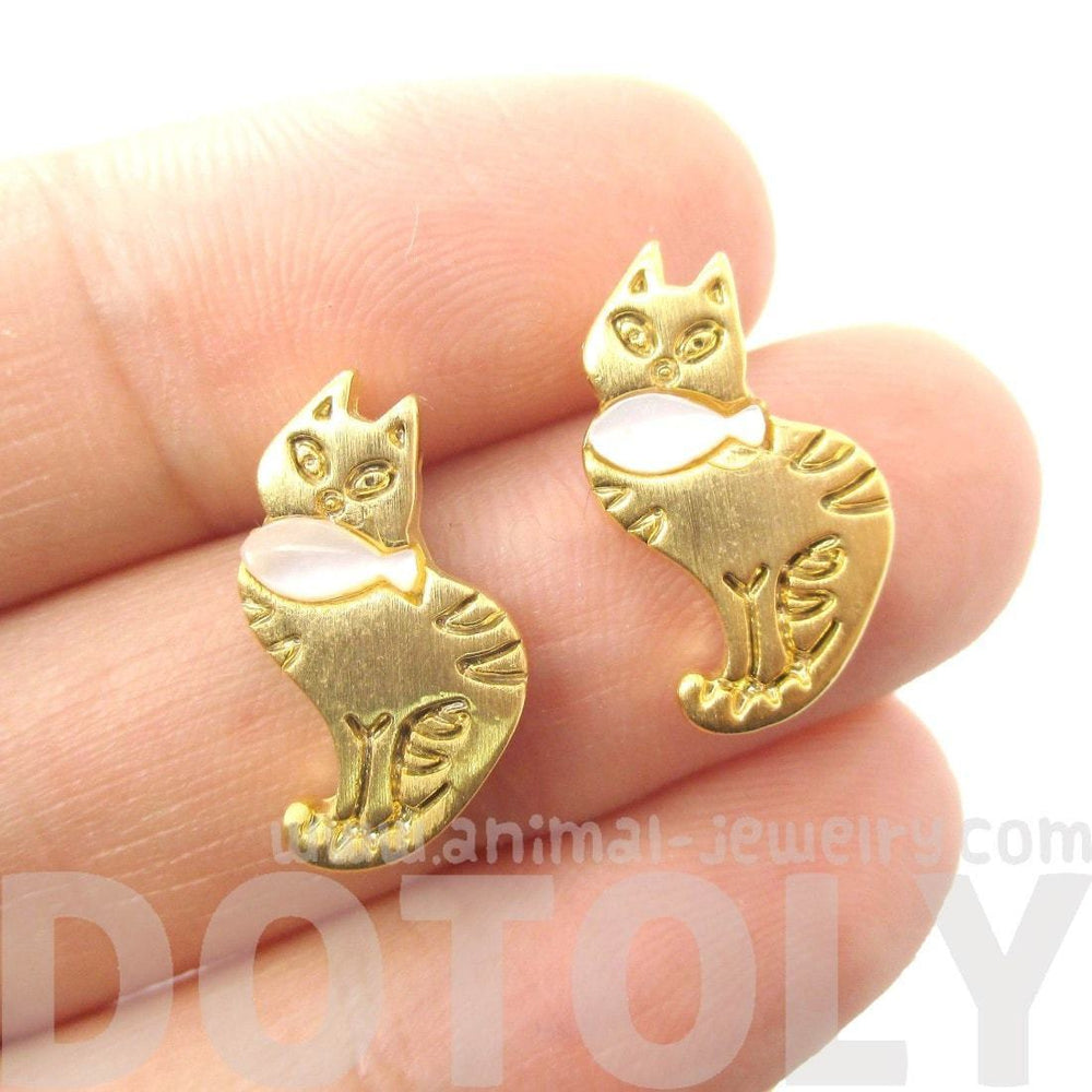 Kitty Cat and Fish Shaped Animal Themed Stud Earrings in Gold | DOTOLY