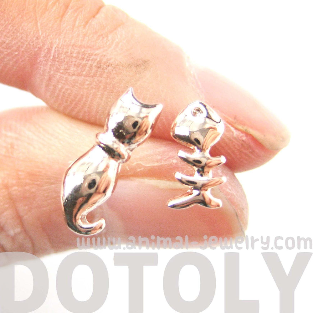 Kitty Cat and Fishbone Skeleton Animal Shaped Stud Earrings in Rose Gold | DOTOLY