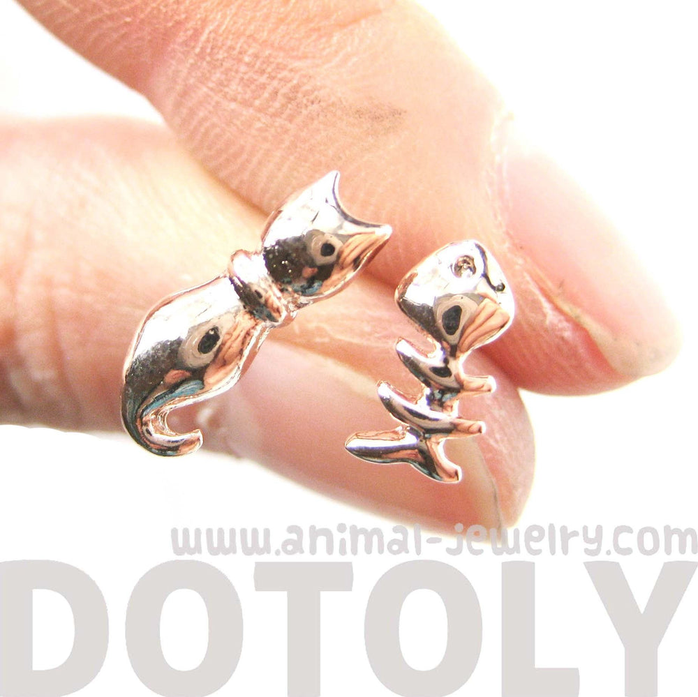 Kitty Cat and Fishbone Skeleton Animal Shaped Stud Earrings in Rose Gold | DOTOLY