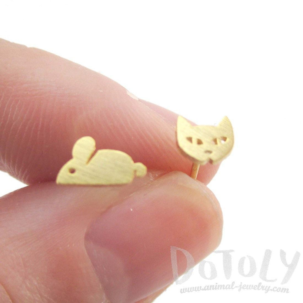 Kitty Cat and Mouse Shaped Allergy Free Stud Earrings in Gold | DOTOLY | DOTOLY