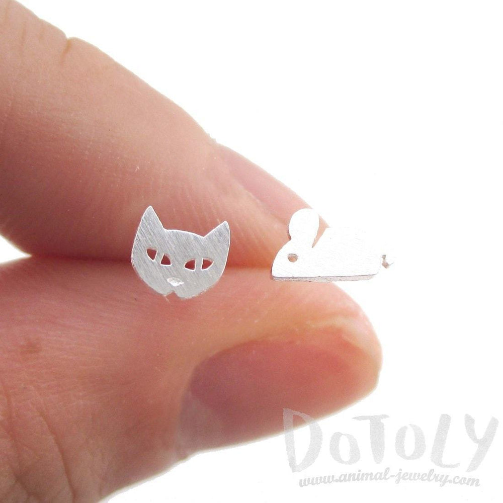 Kitty Cat and Mouse Shaped Allergy Free Stud Earrings in Silver | DOTOLY | DOTOLY