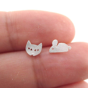 Kitty Cat and Mouse Shaped Allergy Free Stud Earrings in Silver | DOTOLY | DOTOLY