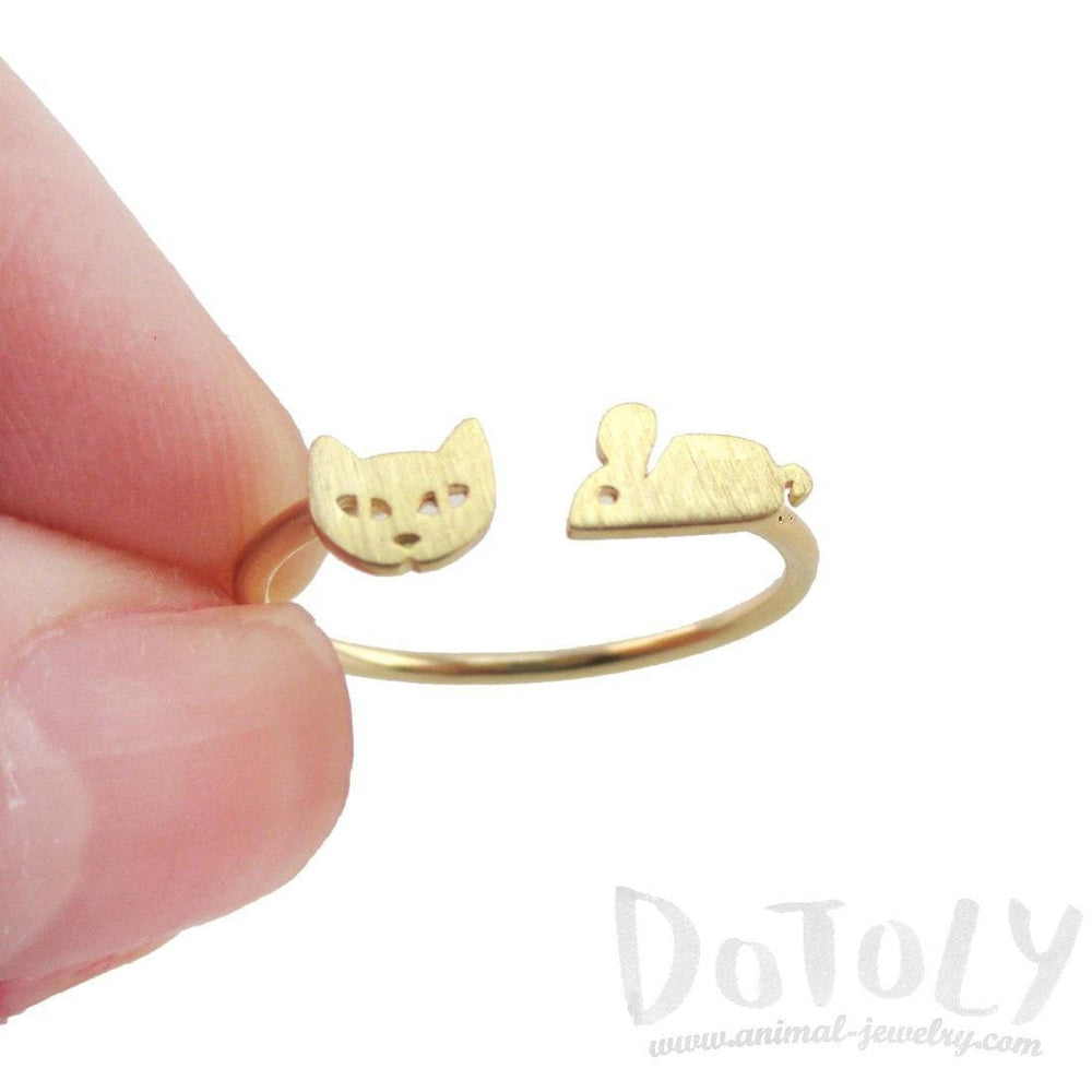 Kitty Cat and Mouse Shaped Open Adjustable Ring in Gold | DOTOLY | DOTOLY
